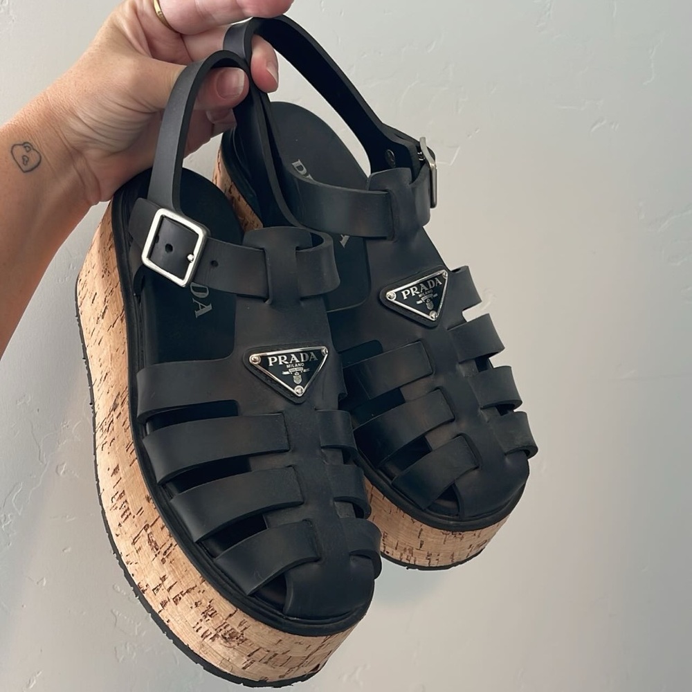 Prada Black and Tan Platform Sandals